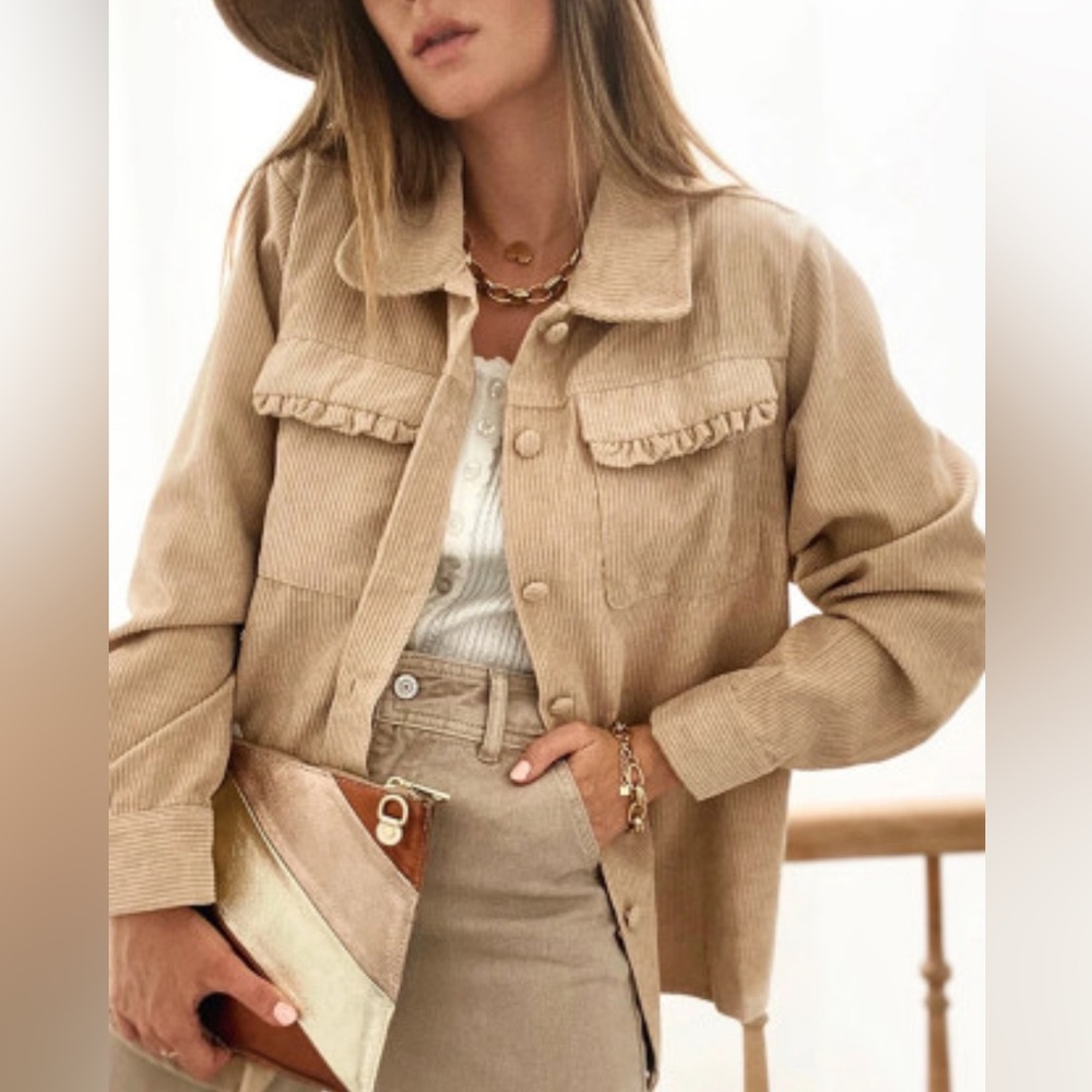 Jolie - ruffle pocket button up shacket - Picture 2 of 13